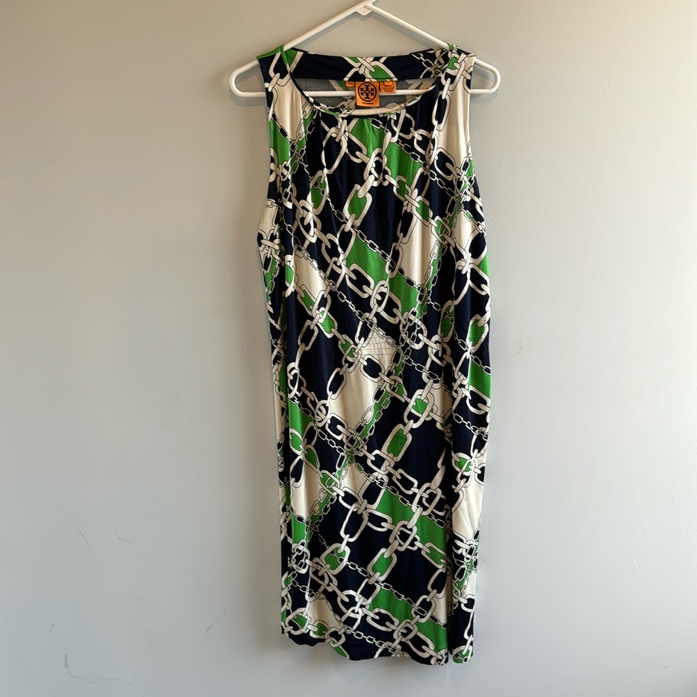 TORY BURCH BLUE WHITE GREEN NAVY CHAIN LINKS PRINT SLEEVELES SILK DRESS Size L